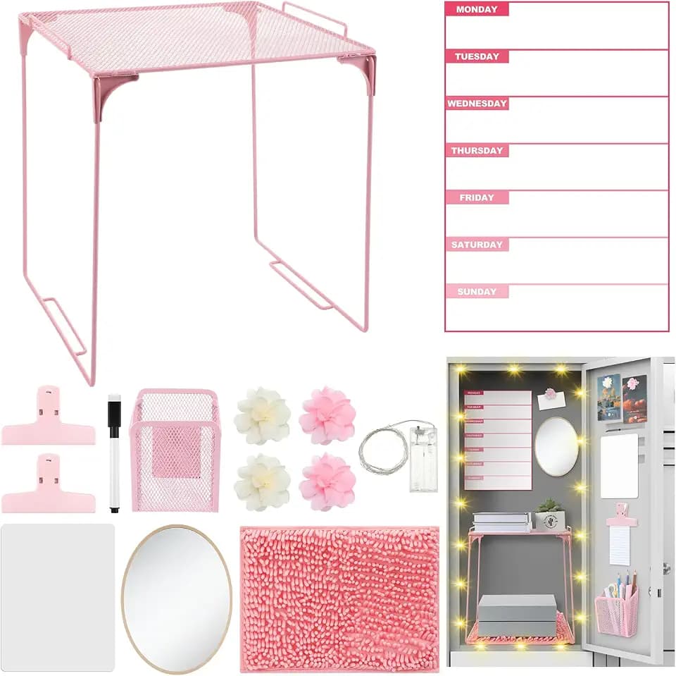 TecUnite Pink Locker Accessories Kit,14 Pcs Storage Organizer, Flower Style