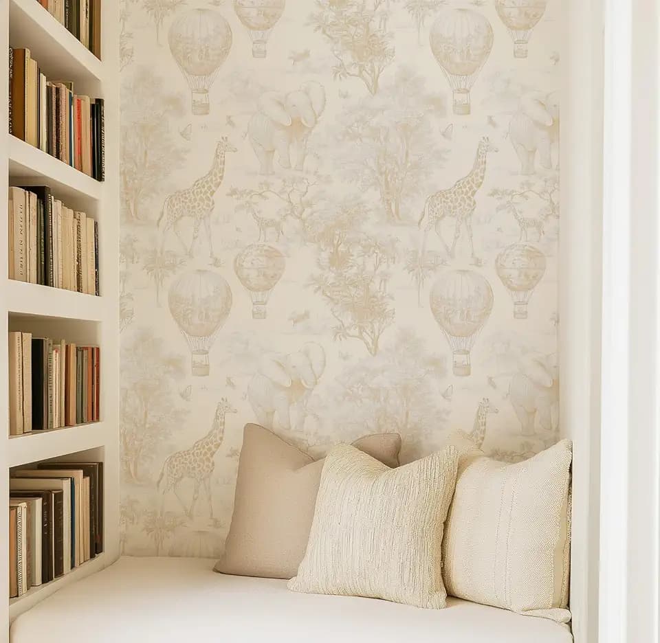 RollsRolla Animal Safari Toile Peel and Stick Wallpaper, French Country Beige Wallpaper, Whimsical Elephant Giraffe and Hot Air Balloons