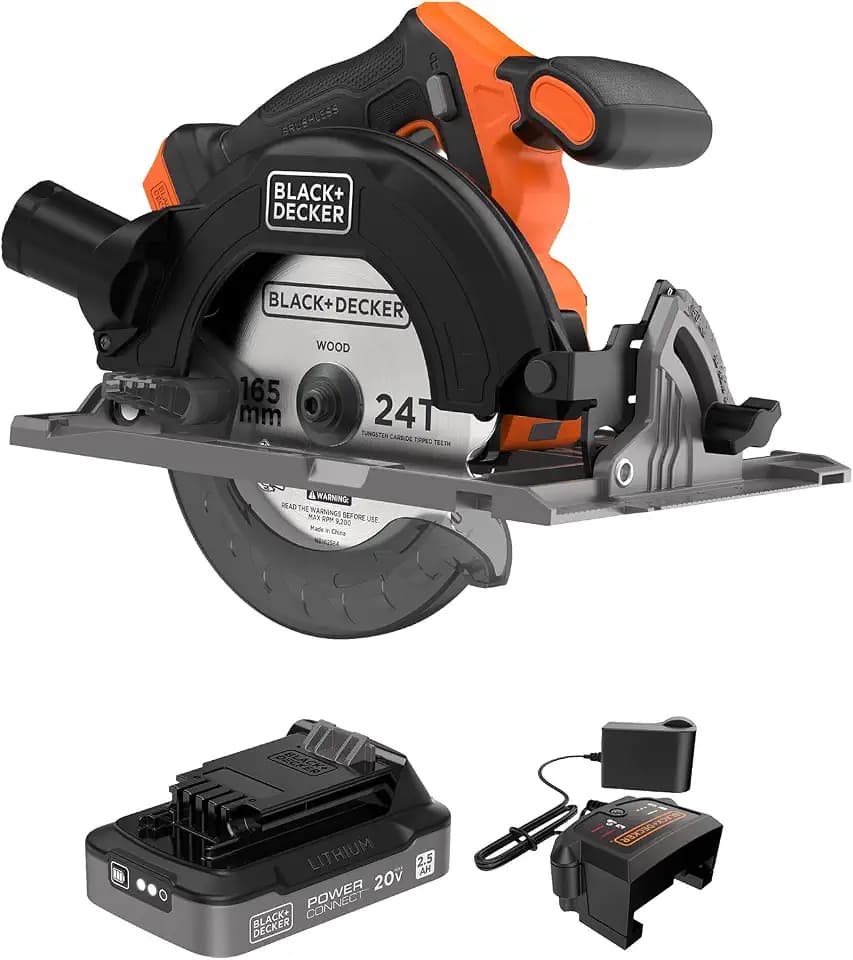 BLACK+DECKER Circular Saw 20V MAX, 6-1/2 in. Brushless Circular Saw Cordless Kit with 2.5Ah Battery and Charger, 24T Blade for Wood, Up to 165 Cuts Per Charge, LED Light, PowerConnect (BLCS78E1)