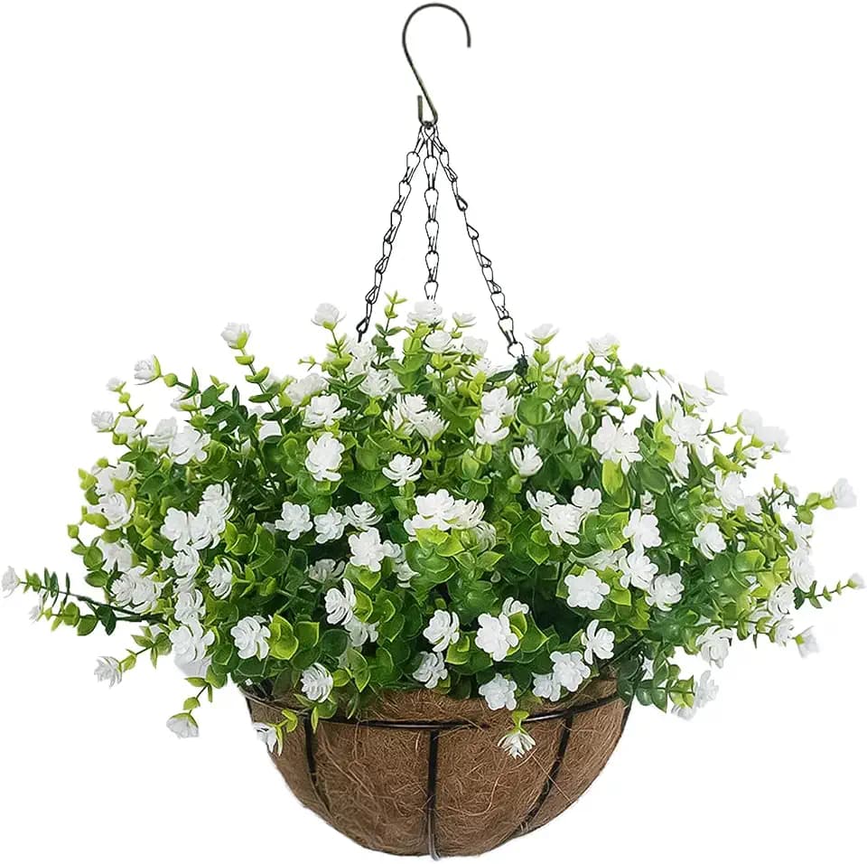 White Artificial Flowers for Hanging Baskets Outdoor, Faux Plant Decor