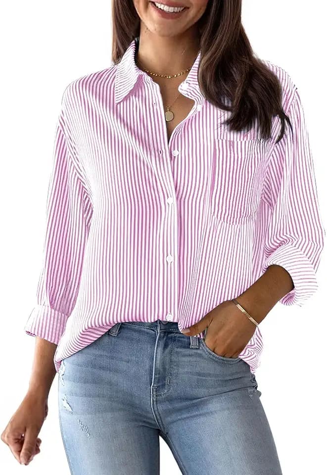 Striped Button Down Shirts for Women Cotton Dress Shirts Long Sleeve Collared Blouses Work Business Casual Tops - Pink and White XL