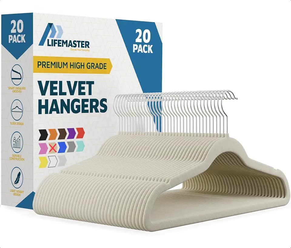 Lifemaster Velvet Non-Slip Hangers - 20 Pieces Non-slip Coat Hanger Set with 360° Swivel Hook, Space-Saving, Sleek Design, Keep Closet Organized, Smooth Velvet Finish, Lightweight Construction - Ivory