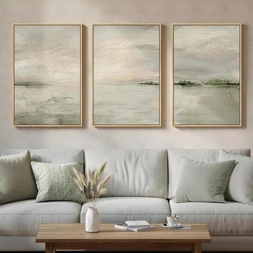 Large Framed Sage Green Abstract Landscape Wall Art, 3 Piece Set, 20x30 In