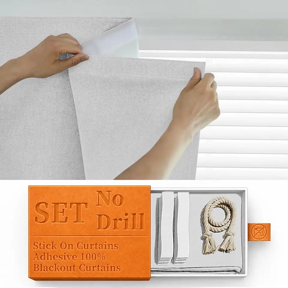 100% Blackout Self Adhesive Curtains Portable Curtain Simple and Easy to install Bedroom Window Thermal Lnsulated Kitchen Room Darkening Black Small Drapes, W35 x L72 inch, 1 Panel, Off-White
