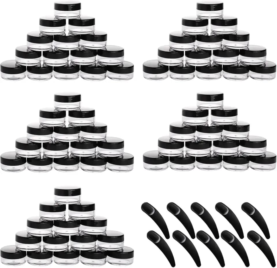 Refillable Cosmetic Sample Jars - 100 Pack 10g (0.35oz) Black Small Travel Containers with Lids + 10 Mini Makeup Spatulas - BPA Free