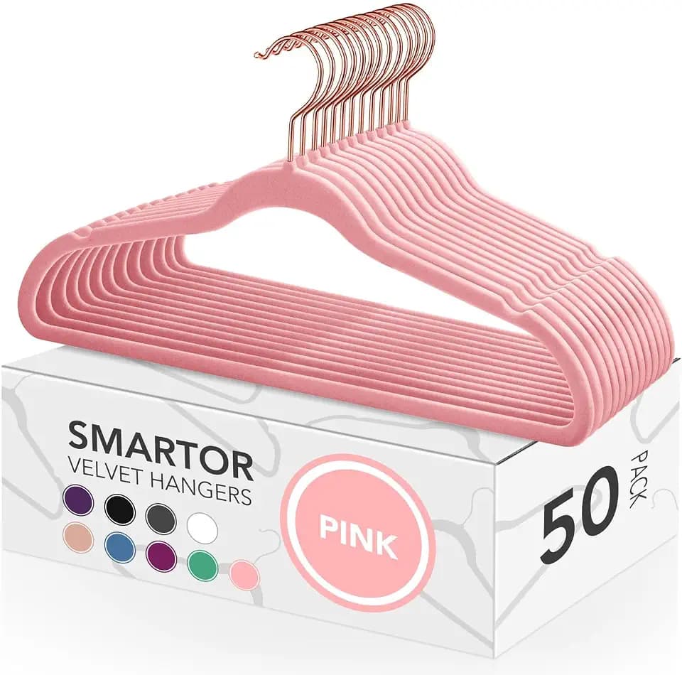 Smartor Pink Velvet Hangers 50 Pack, Non Slip Rose Gold Hook Felt Hangers