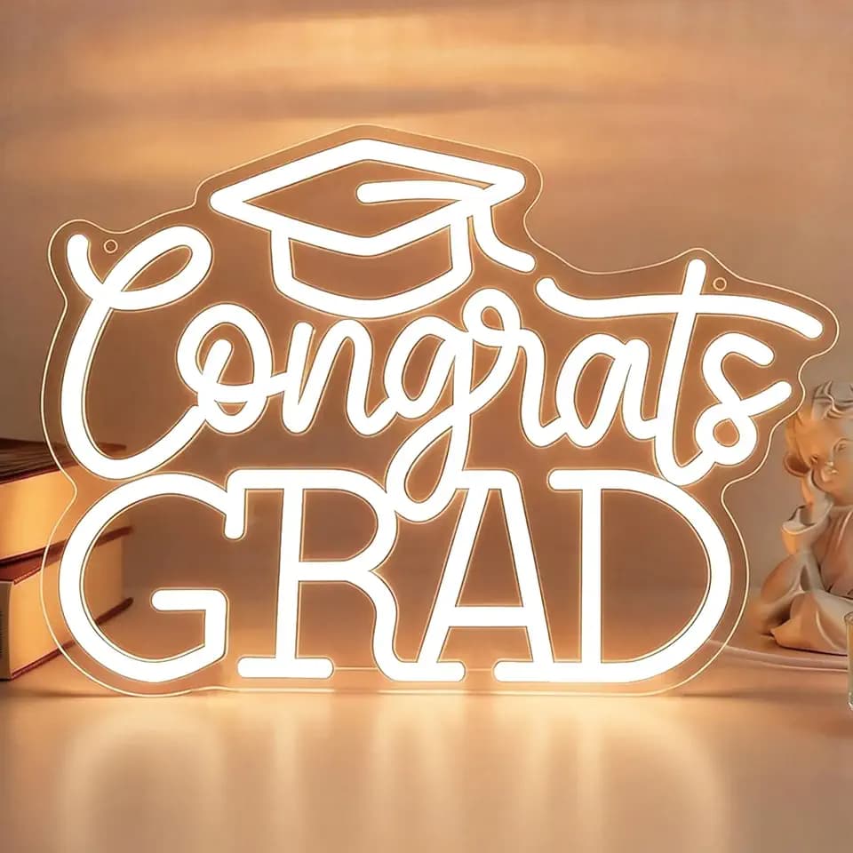 Congrats Grad Neon Sign with Graduation Cap, Warm White LED Neon Light with Dimmer, USB Powered Neon Sign for Wall Decor, Classroom, Party, Graduation Celebration Gift (16.5 x 10.7 in)
