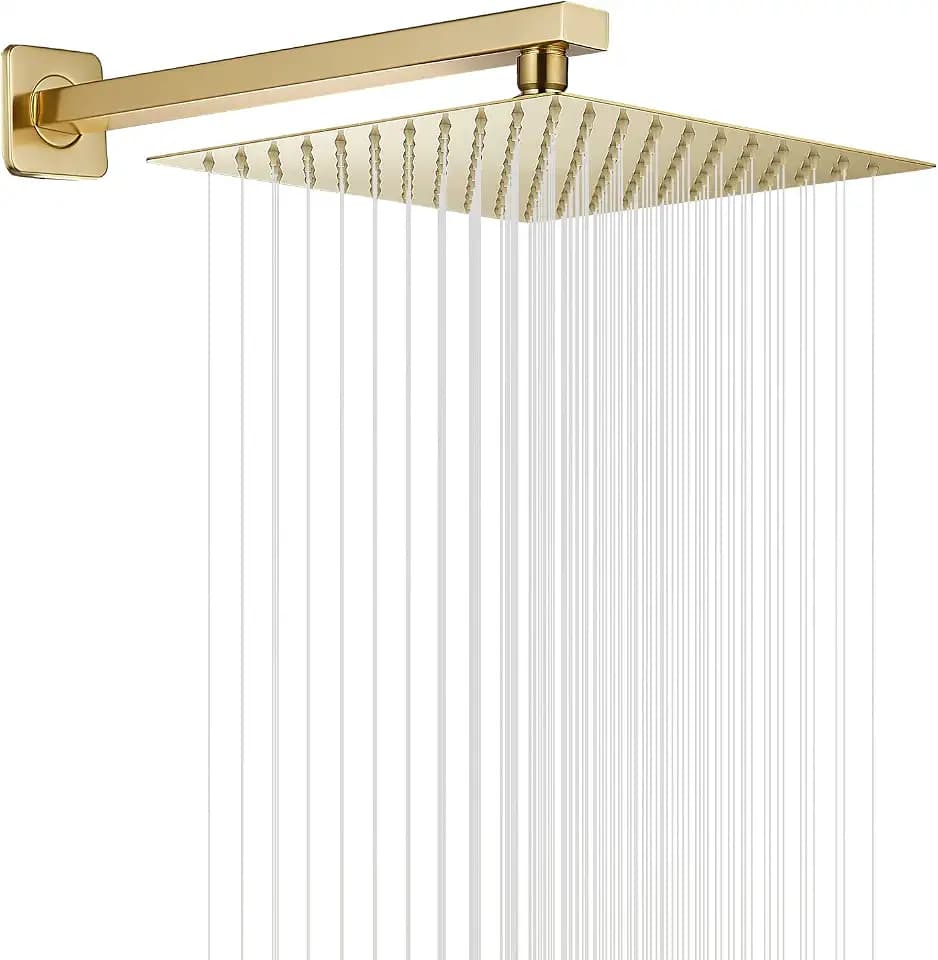 Rain Shower Head Brushed Gold with Extension Arm 10 Inch Square Shower Head with 16 Inch Shower Arm Large Stainless Steel Rainfall Showerhead Waterfall Full Body Coverage