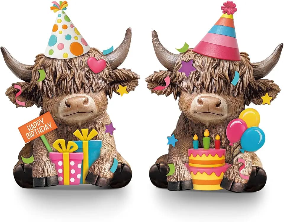 Karenhi 2 Pcs Highland Cow Figurines Resin Birthday Cake Topper Decor