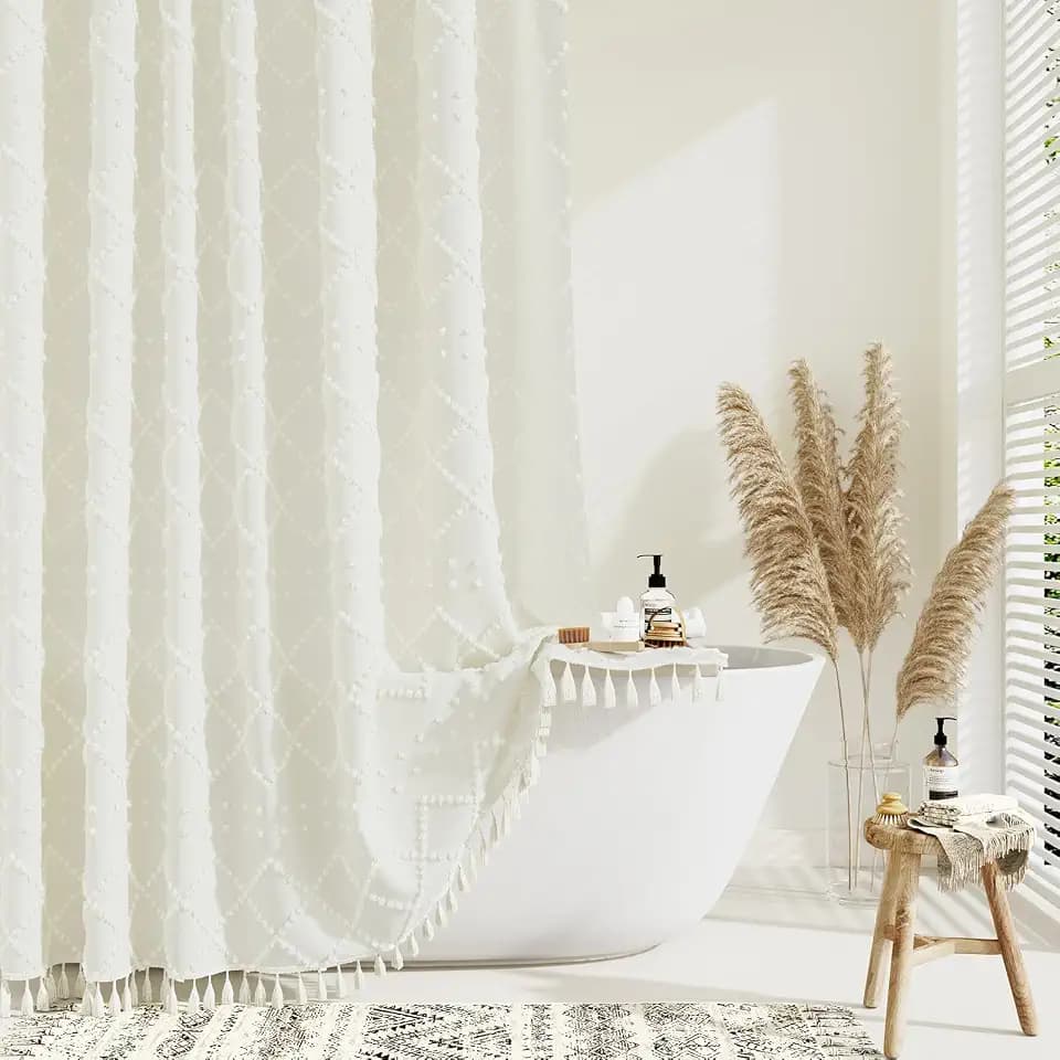 Dynamene Long Boho Farmhouse Shower Curtain Tufted Geometric 72"x78" Cream