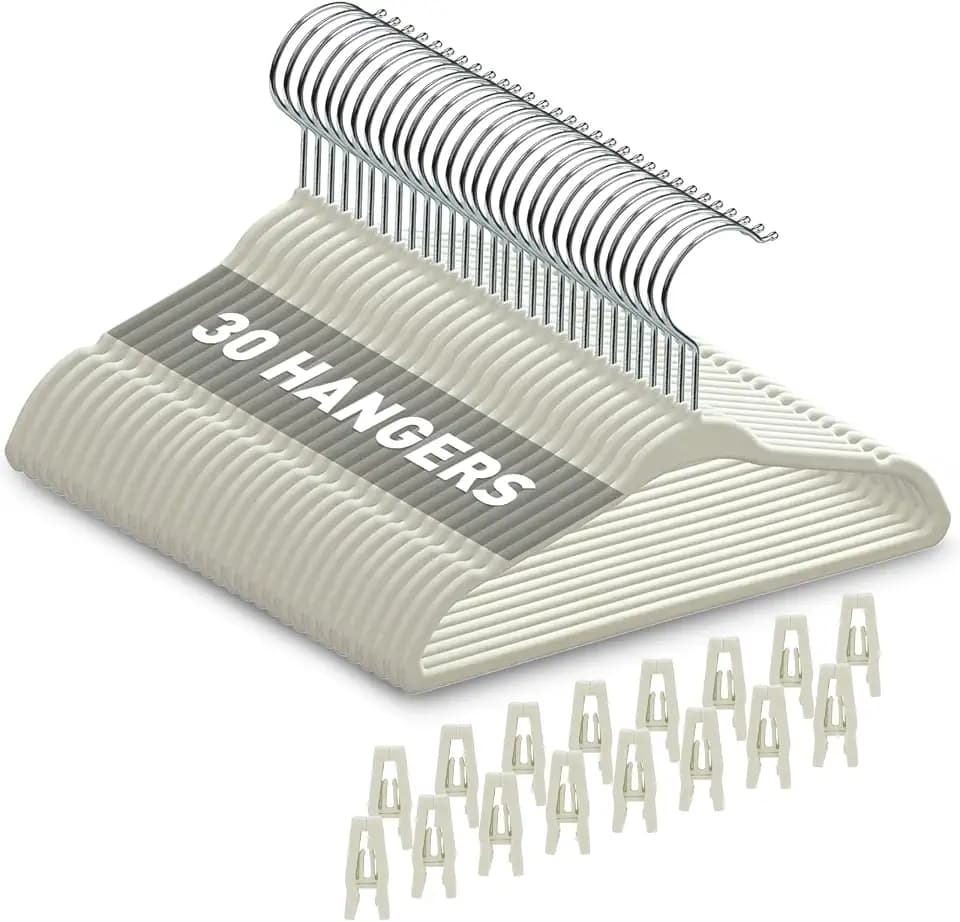 Babyrish Velvet Baby Hangers with Clips (30 Pack) | 11” Ultra-Slim Baby Clothes Hangers | Non-Slip Felt | Space-Saving Nursery & Infant Closet Organizer | Beige