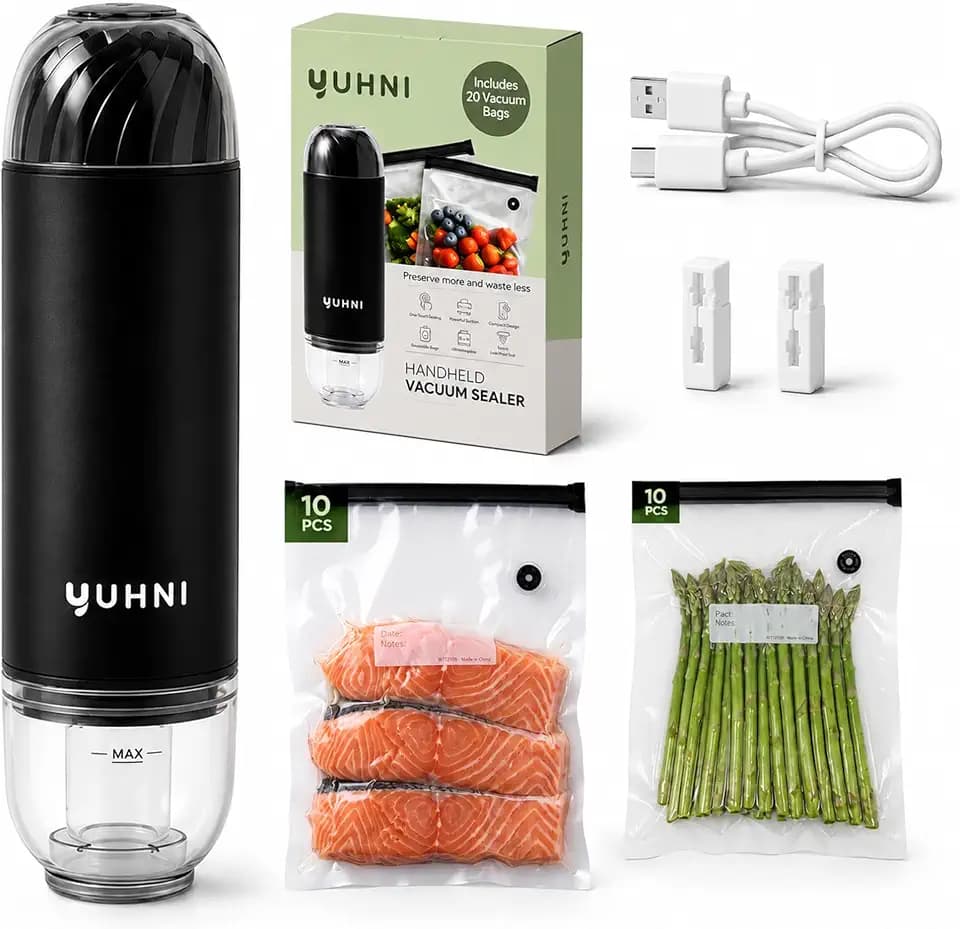 YUHNI Handheld Vacuum Sealer, Compact Vacuum Sealer for Food, Cordless Food Storage Vacuum Sealer + 20 Reusable bags, Preserves Food Freshness, Reduces Waste, Hand Held Rechargeable Food Saver