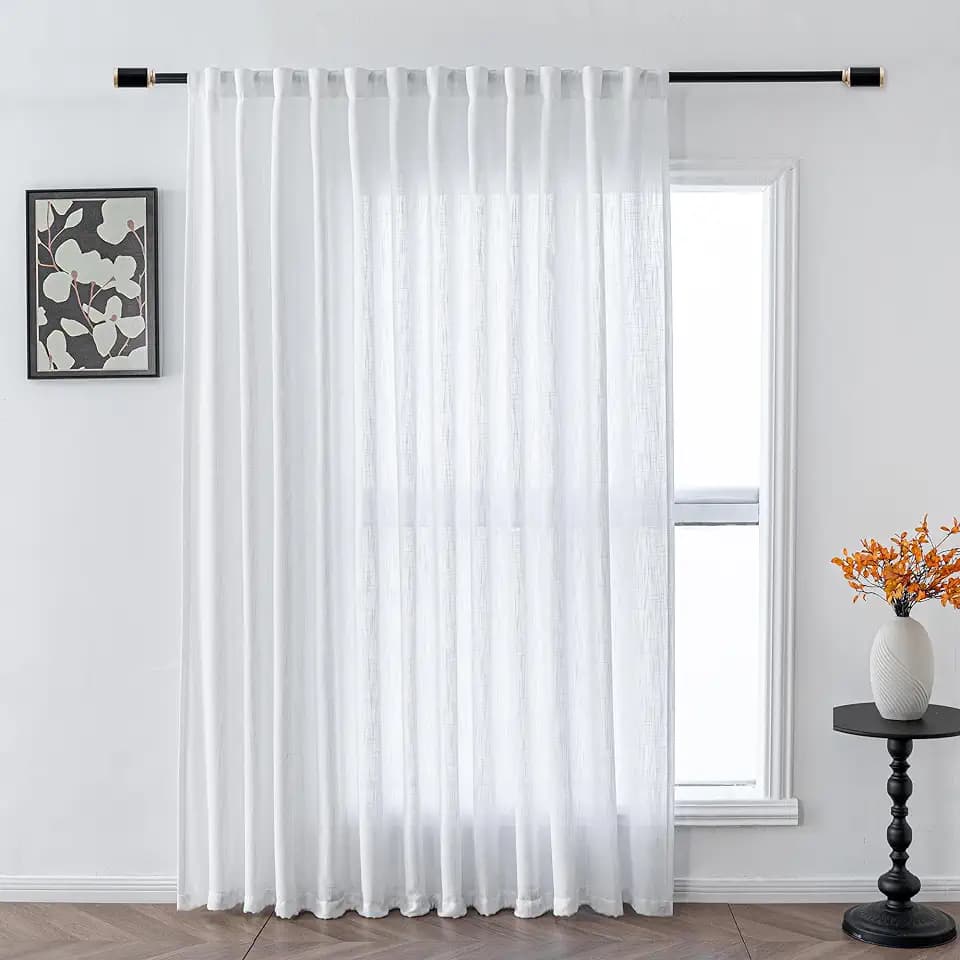 MYSKY HOME Patio White Curtains for Sliding Door, Living Room Curtains & Drapes Soft Cotton Farmhouse Window Treatments 90 inch Length 1 Panel Set Linen Look Semi Sheer Draperies, 100" W x 90" L