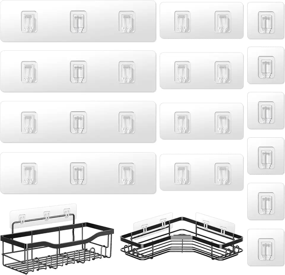 14 Pack Shower Caddy Adhesive Replacement Flat Strips, Heavy Duty Transparent Waterproof Hooks for Bathroom Storage Shelves, No-Drilling Sticky Wall Mount Hooks for Kitchen Organizers