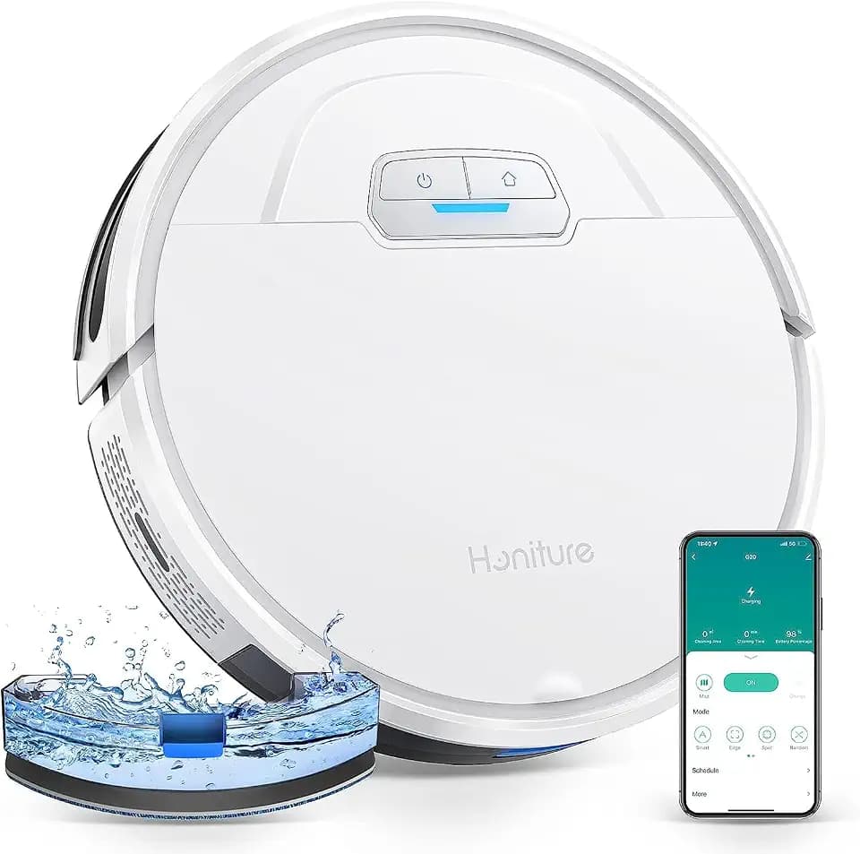HONITURE Saugroboter mit Wischfunktion, G20 Saugroboter 4000Pa,Kehren Saugen Wischen 3 in 1,Staubsauger Roboter, 150Mins Max,Alexa & APP-Steuerung,Ideal für Tierhaare, Teppiche und Hartböden, Weiß, S