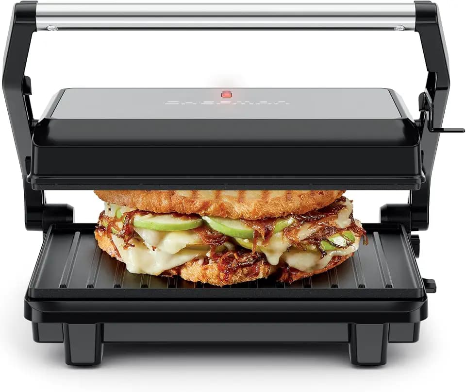 Chefman Panini Press, Indoor Grill and Gourmet Sandwich Maker, Nonstick Plates Open 180 Degrees, Floating Hinge for Thick Bread and Rolls, Stainless-Steel Finish with LED Indicators, 2 Slice - Black