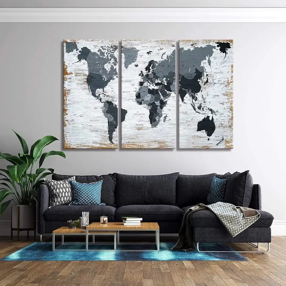 World Map 24INX48INX3 Canvas Wall Art Teal Decor Black Wall Decor Office World Map Wall Art World Pictures for Living Room Wall Decoration Map Picture Framed Artwork Decor for Home Bedroom Decoration