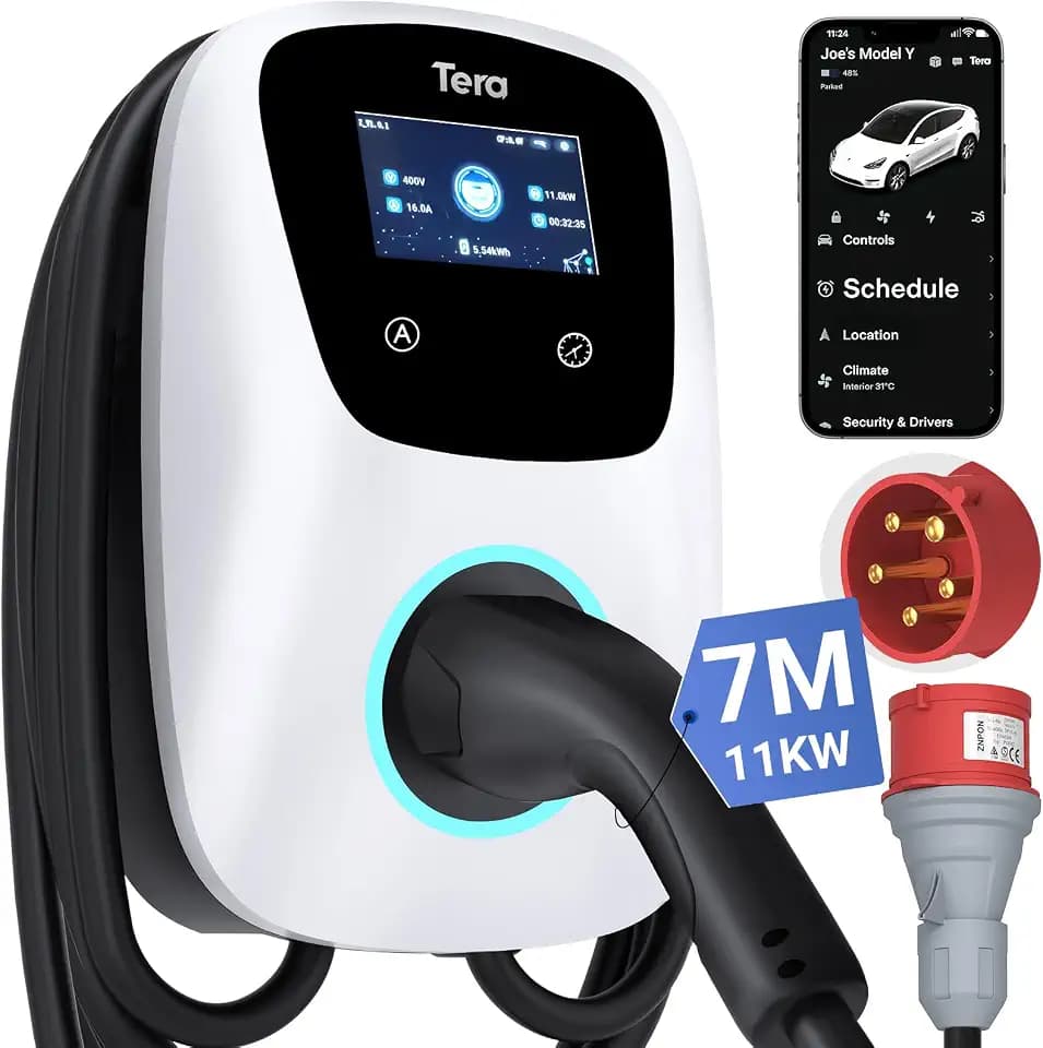 Tera Smart EV Ladegerät Typ 2 Wallbox mit APP 11kW 16A 400V CE&TÜV mit WLAN & Bluetooth 7m Ladekabel mit Ladegerätehalter Heim Wallbox CEE 3-Phasen Stecker für EVs & PHEV W01 Weiß