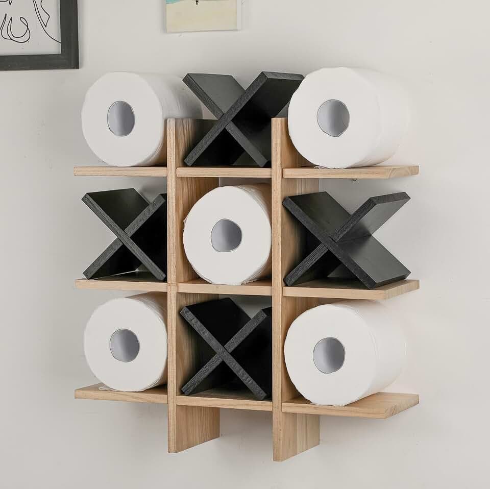 Weysat Tic Tac Toe Toilet Paper Holder,Wood Color, Black
