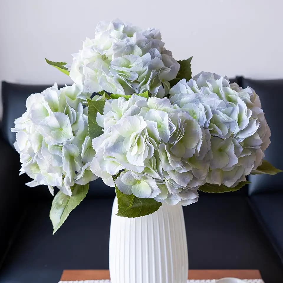 DUYONE 4pcs 22.4'' Realistic Large Real Soft Touch Artificial Hydrangea Flowers with Long Stem,Lifelike Latex Flowers for Home Decor Wedding Arrangements Party Living Room Bouquets 4pcs White Green