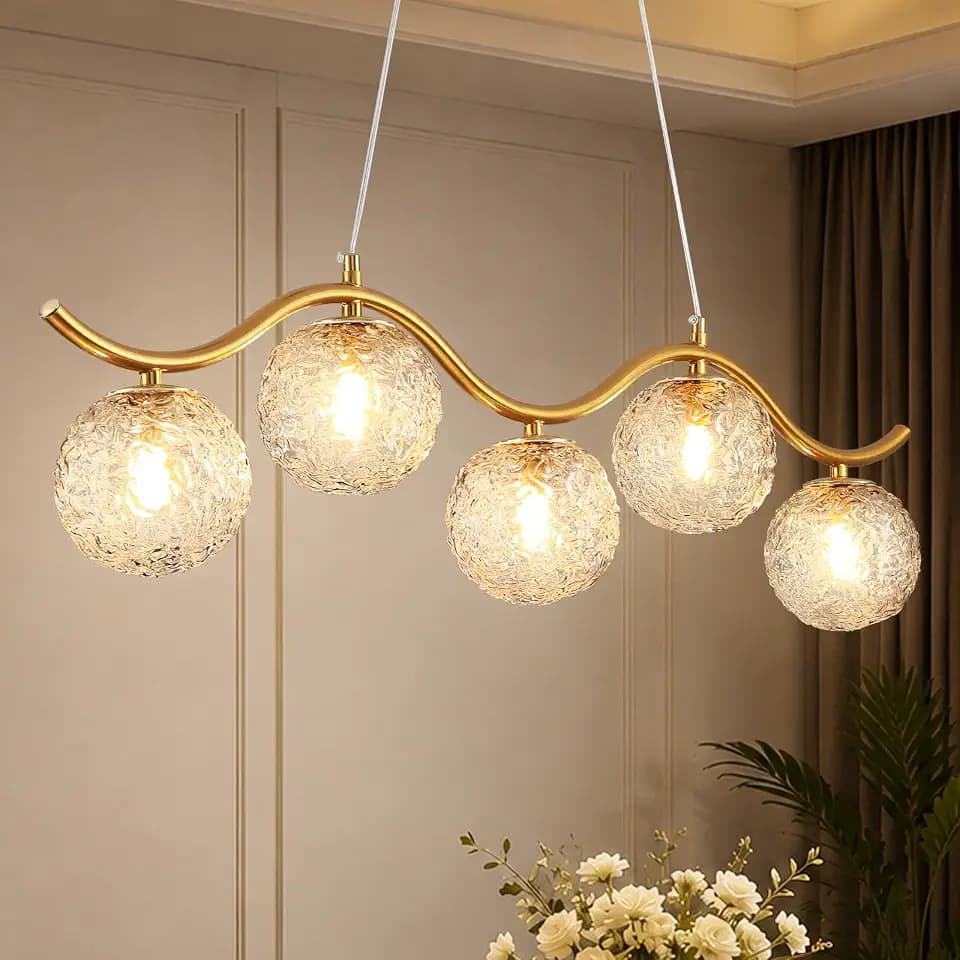 Modern Linear Globe Chandelier,Gold 5-Lights Mid Century Linear Chandelier for Dining Room Clear Glass Shade Light Fixture for Kitchen Island Living Room