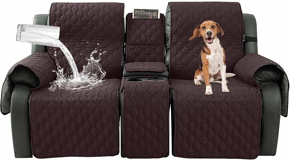 Loveseat Recliner Cover with Center Console, 100% Waterproof Pet Cover for Dual Recliner with Straps Design, Split Reclining Loveseat Covers Furniture Pet&Kids Protector (Chocolate)