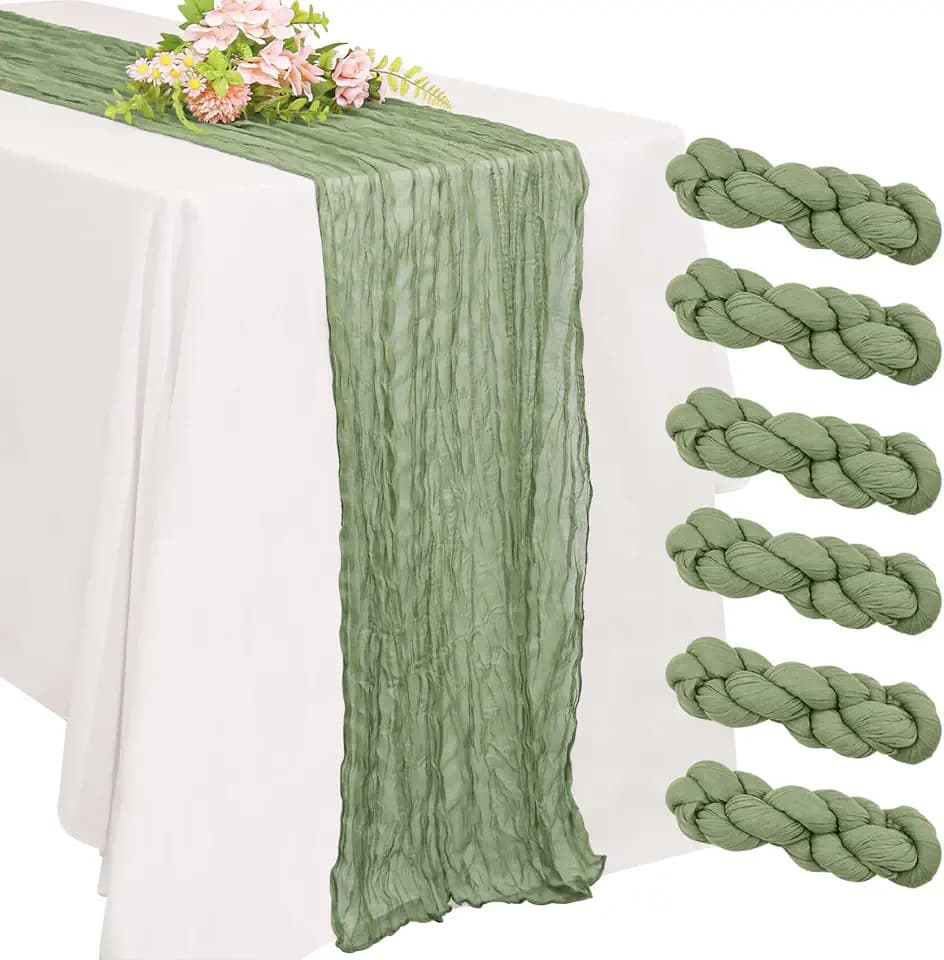 6 Pack 10FT Cheesecloth Table Runner 20 x 120 inch Long Boho Rustic Gauze Romantic Cheese Cloth Sheer Table Runner for Wedding Dining Event Birthday Anniversary Party Decoration(Sage Green)