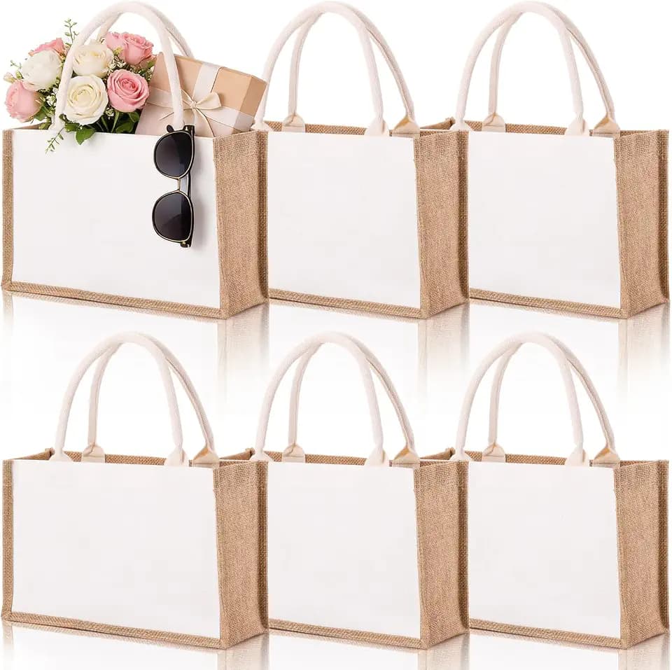 SOUJOY 6 Pack Burlap Tote Bags, Reusable Jute Gift Bags with Handles, Water Resistant Beach Bag, 14.7" x 9.8" x 4.8" Canvas Grocery Shopping Bag for Bridesmaid, DIY, Shopping, Wedding, Christmas