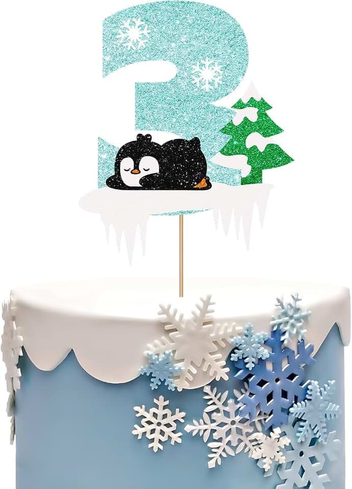 Penguin 3rd Birthday Cake Topper, Snowflake Three Cake Topper, White&Blue Glitter Cute Penguin 3rd Years Old Cake Decor for Kids, Winter Wonderland Theme 3rd Anniversary Party Supplies
