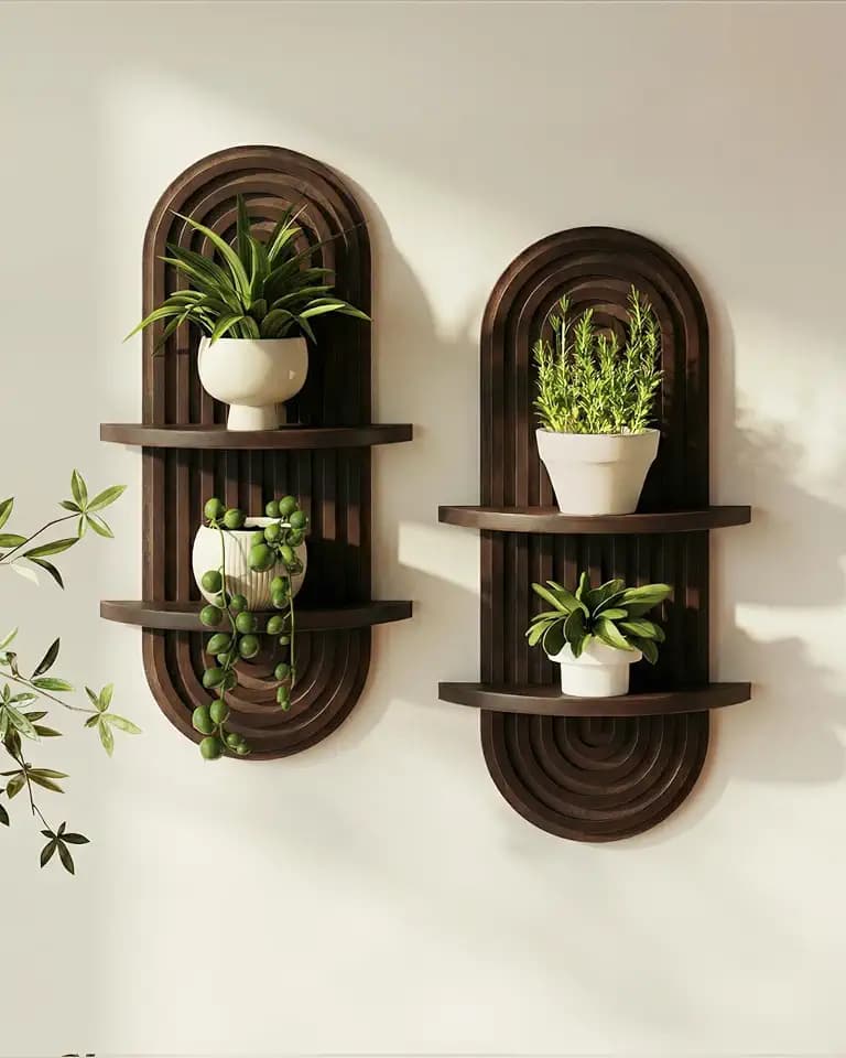 Bamworld Boho Wall Decor Plant Wall Shelf Wood Plant Holder Walnut 2PCS