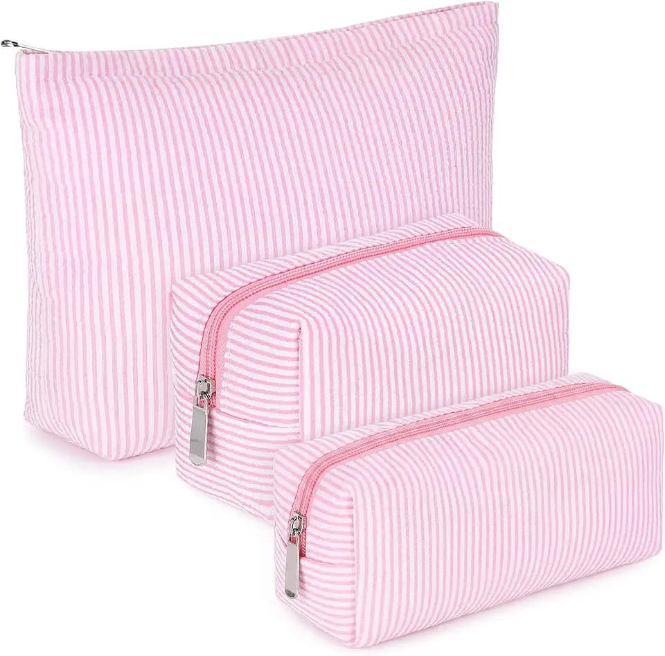 Huhumy 3 Pcs Seersucker Makeup Bag Set for Women, Thin Striped, Pink