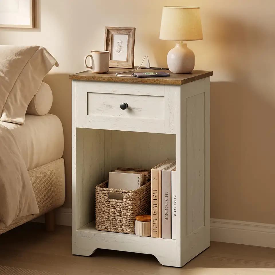 VASAGLE Nightstand with Charging Station, 1 Drawer and Open Shelf