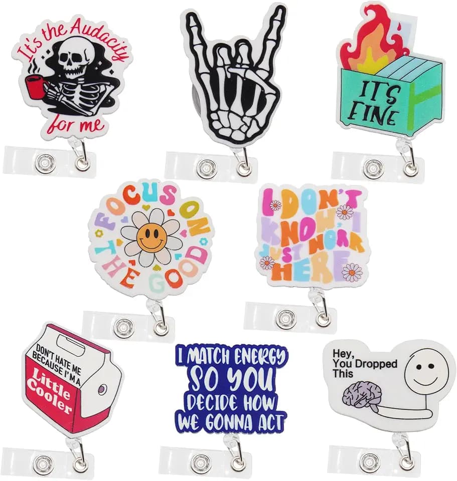 8Pcs Funny Badge Reel, Cute Nurse Badge Reel Retractable ID Clip Accessory for Doctors, Nurses, Nursing, Office Workers, Teachers, Students, Medical Staff Lanyard Supplies Accessories Gifts