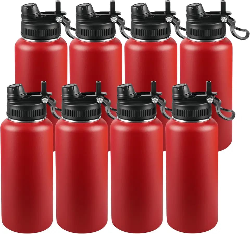 32oz Insulated Water Bottle - 2-in-1 Leak-Proof Lid (Sip/Straw) + Handle, Stainless Steel Bottle Bulk for Sports, Commuting, Office Work, Outdoor Activities, Red, 8 Pack