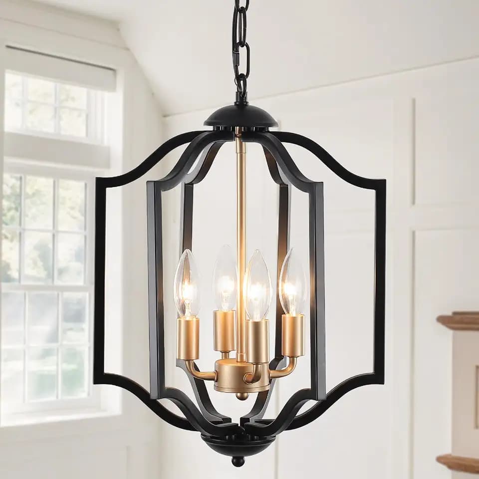 Black and Gold Chandelier Light Fixture, 12.6" Dining Light Fixture Modern Farmhouse Chandelier, Lantern Pendant Lighting Hanging Entryway Chandeliers for Foyer Kitchen Bedroom Hallway