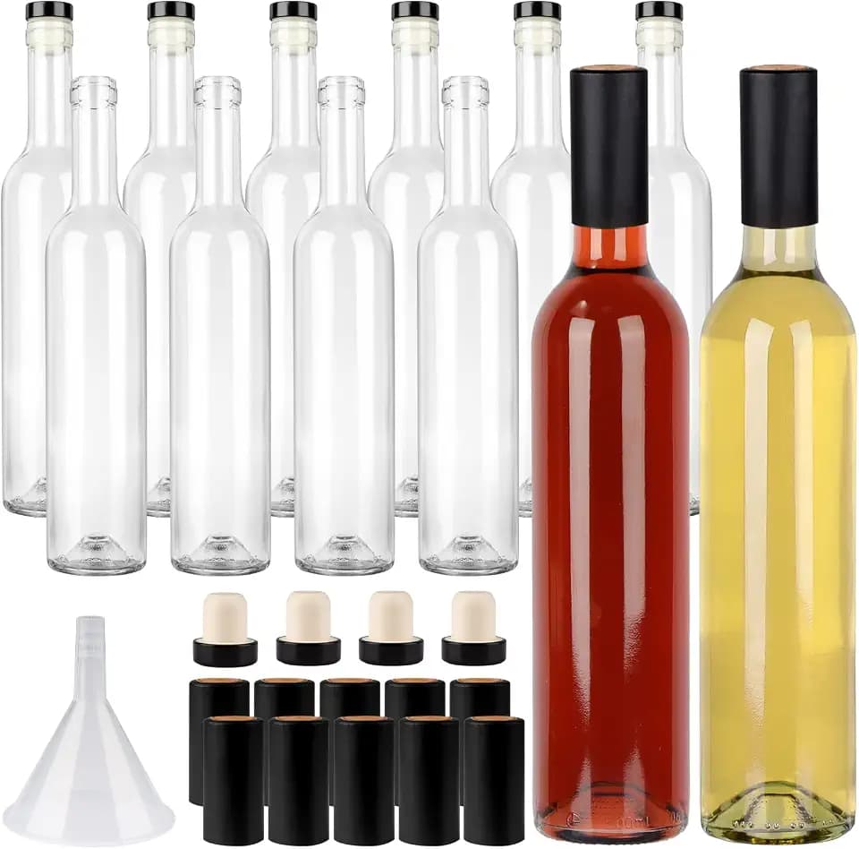 GUANENA 12 Pack 16oz Clear Glass Bottles with Cork Lids and PVC Shrink Capsules, 500 ml Empty Home Brewing Wine Bottles with Funnel for Sparkling Wine, Juice, Kombucha, Beverages