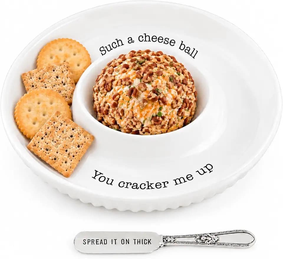 Mud Pie Cheese Ball Serving Dish Set with Spreader, White Appetizer Plate