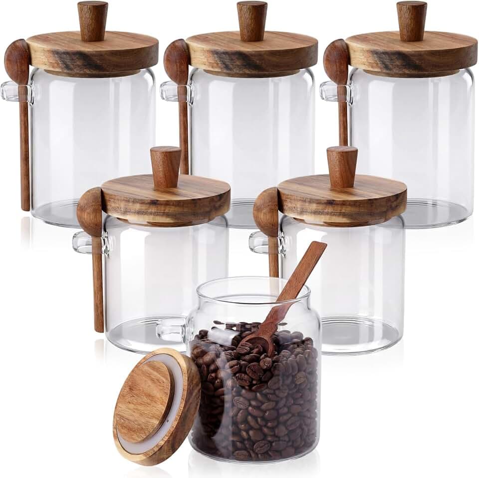 Remerry Set of 6 Glass Jar with Wooden Lid and Spoon, 13.5 Oz/20 oz, Coffee Sugar Container Set, Clear Airtight Spice Canisters Glass Food Storage Kitchen Containers for Coffee Bean Tea Sugar