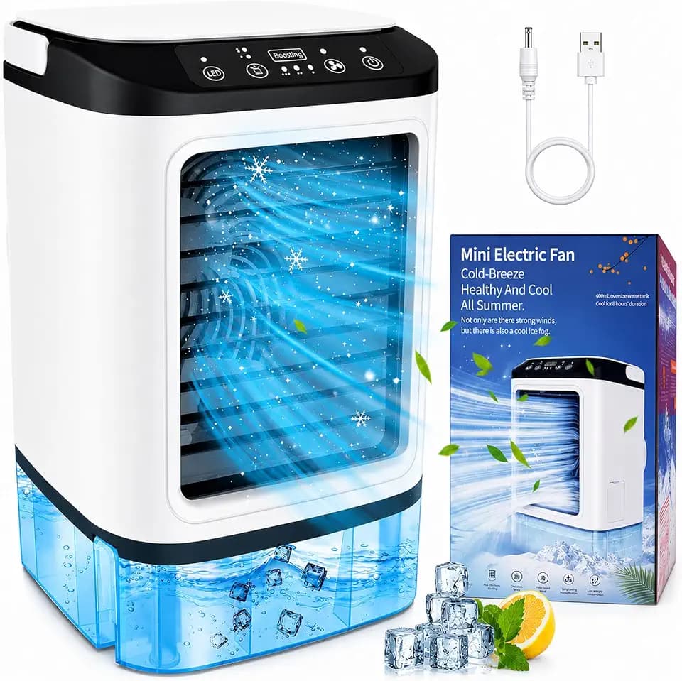 Portable Air Conditioners, Personal Air Conditioner with 2 Mist & 7 Color Light, 3 Speed & Boost Mode, 900ml Large Tank & Icebox, Evaporative Air Cooler AC Cold Fan for Bedroom Office Desk Car