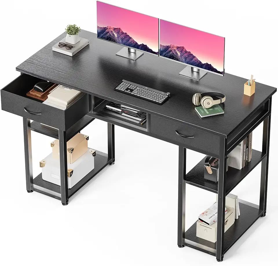 DUMOS 48-Inch Computer Desk with Drawers and Hook, Black