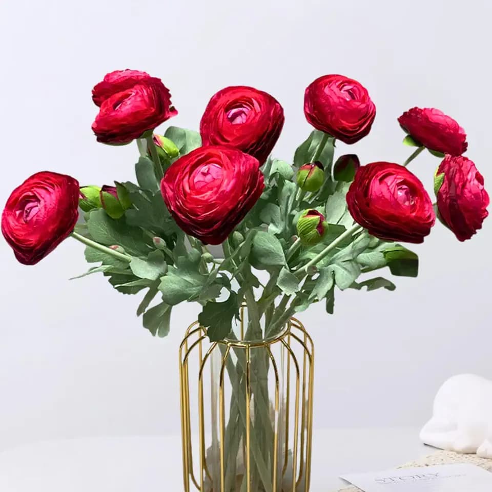 10Pcs Ranunculus Artificial Flowers, Hot Pink Long Stem Fake Silk Ranunculu