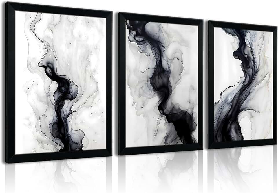 QWETYY666 Black And White Abstract Textured Wall Art Wood Black Framed Modern Living Room Canvas Wall Decor Large White Gray Minimalist Abstract Bedroom Pictures Prints Artwork 12x16 inch