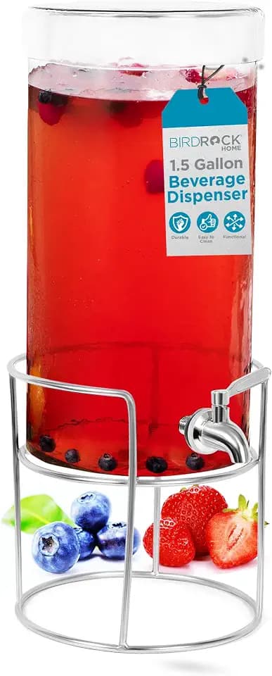 Glass Beverage Dispenser with Stand - 1.5 Gallon Drink Dispenser for Parties with Stainless Steel Spigot and Lid - Ideal for Serving Iced Tea, Lemonade, Juice, Sangria, or Cocktails by BIRDROCK HOME