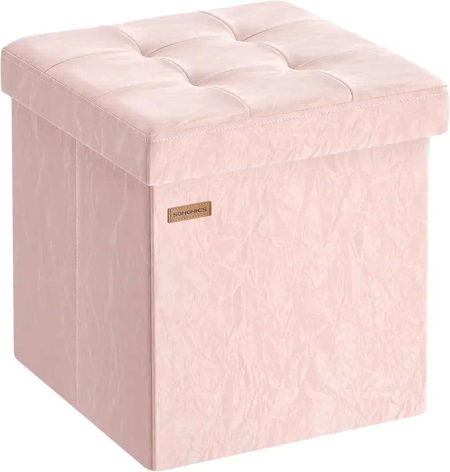 SONGMICS Storage Ottoman, Foldable PU Leather Footrest, 15 x 15 x 15 Inch