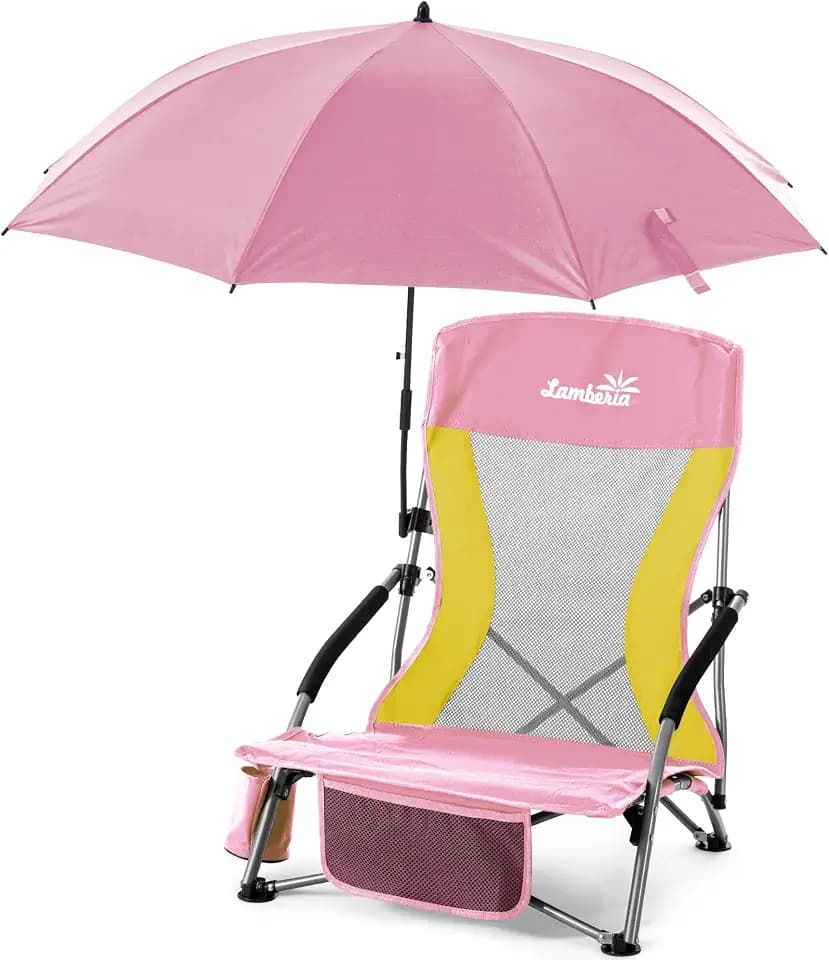 Lamberia Folding Beach Chair with Umbrella for Adults, Portable Low Beach Chairs with 300lbs Capacity, Lightweight Fodable Camping Chair for Travel, Picnic, Concert & Outdoor Activities, Pink-Yellow