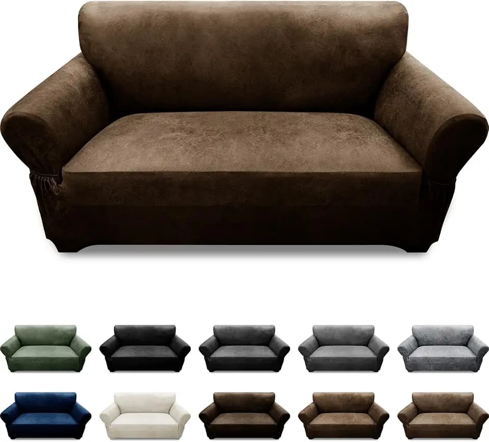Loveseat Sofa Slipcover Leather Look Couch Covers for 2 Seater Couch Sofa 1-Piece Sofa Cover Stretch Furniture Protector with Elastic Bottom & Pockets(Loveseat, Dark Brown)