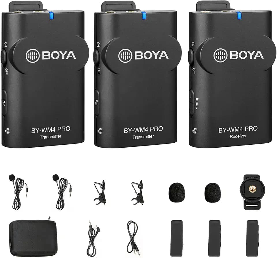 BOYA by-WM4 PRO K2 2,4 GHz 2-Personen-Wireless-Lavalier-Mikrofonsystem für DSLR-, spiegellose und Videokameras, Smartphones, Tablets, PCs und mehr, Schwarz