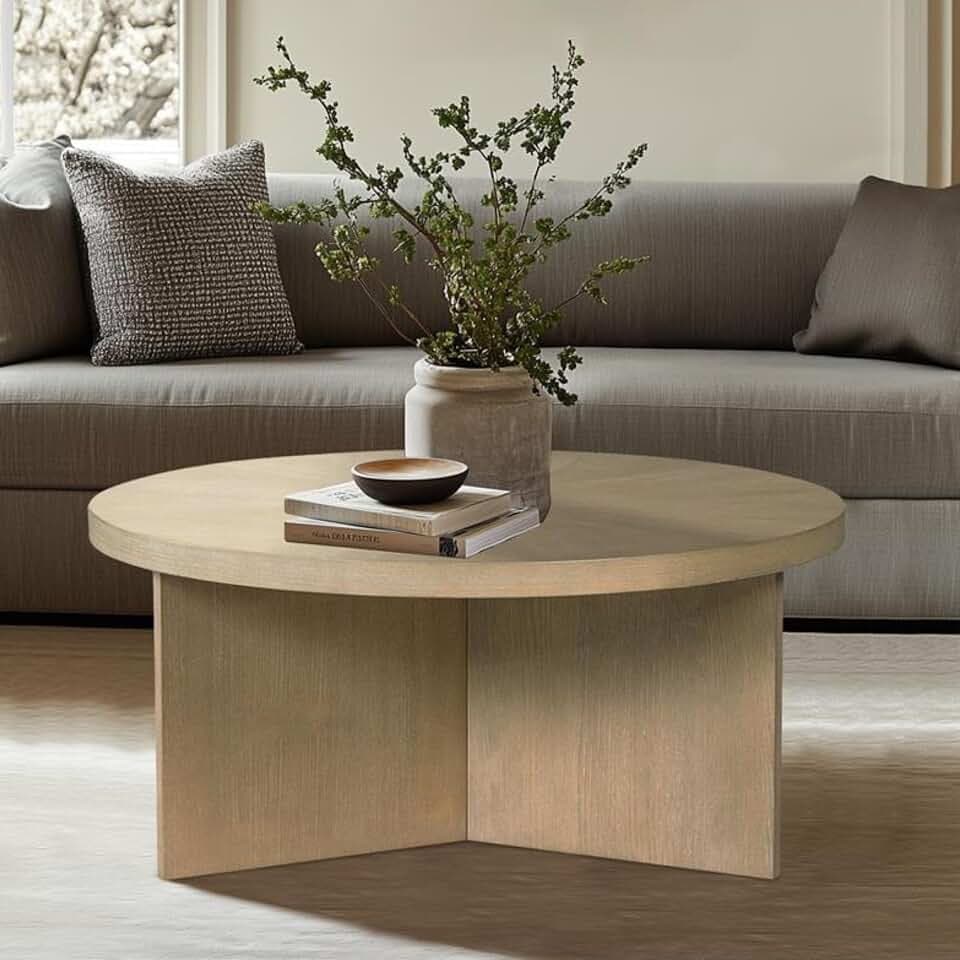 Martha Stewart Sadie Round Coffee Table – Starburst Veneer Top, Reclaimed Greige Wood Finish, Modern Accent for Living Room, Lounge, or Sitting Area, 36" Dia x 16.5" H