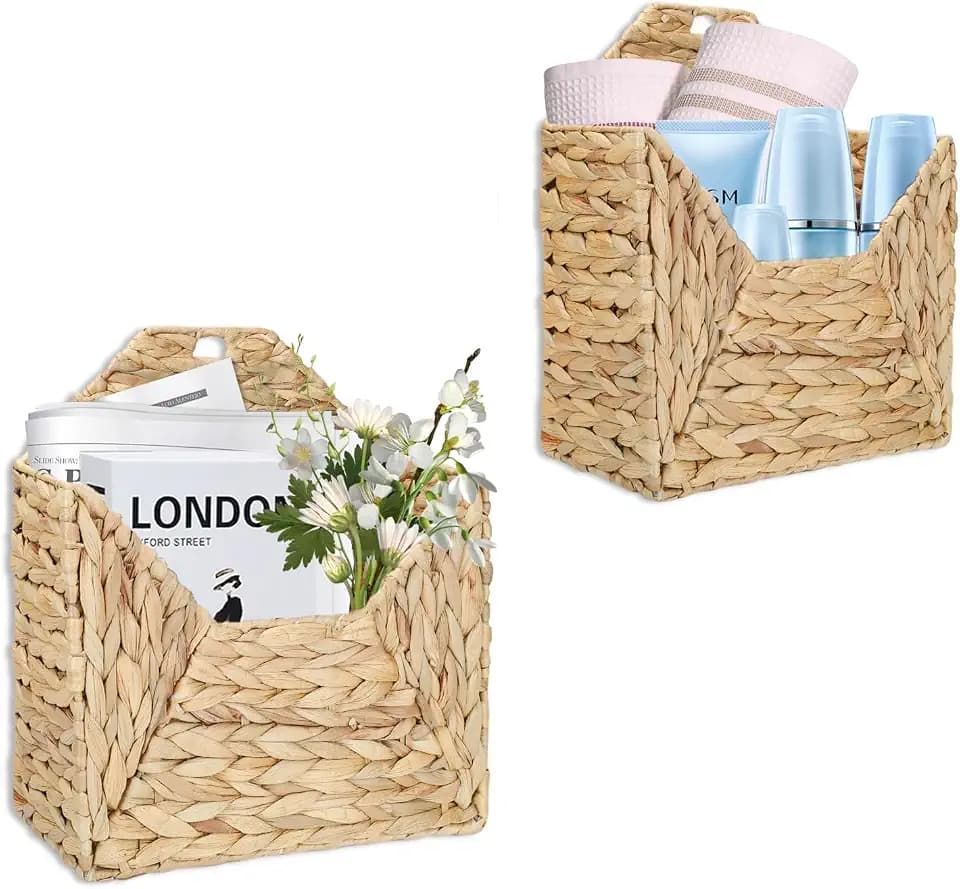 Wall Mounted Storage Baskets, 2PCS Handmade Water Hyacinth Storage Baskets Wall Hanging Organizing Container for Living Room,Bedroom,Kitchen (Large+Small)