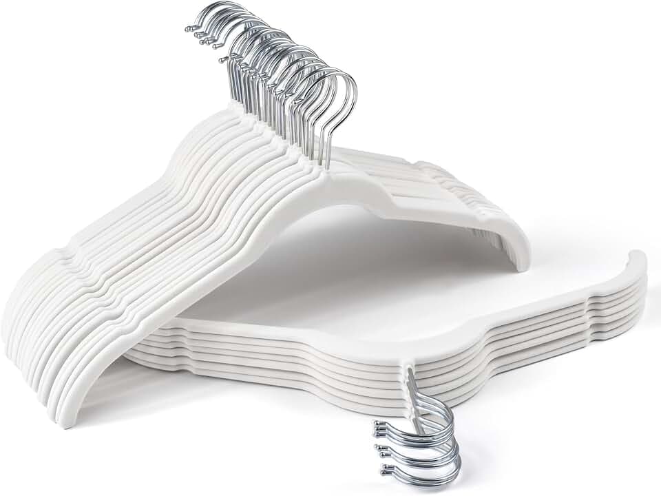 Sishynio Premium Velvet Shirt Hangers 30 Pack, Non-Slip 360° Swivel Hook Slim Felt Hanger, Space Saving Flocked Hangers for Tank Tops, Blouses, Strappy Dresses(White)